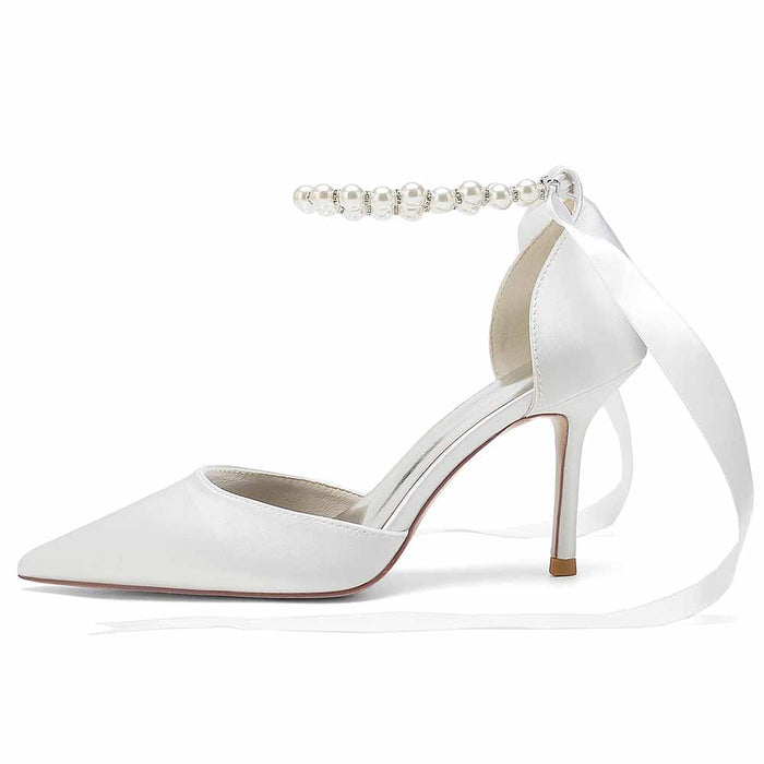 Elegant white S&DCo. heels with pearl ankle strap, perfect shoes for the wedding