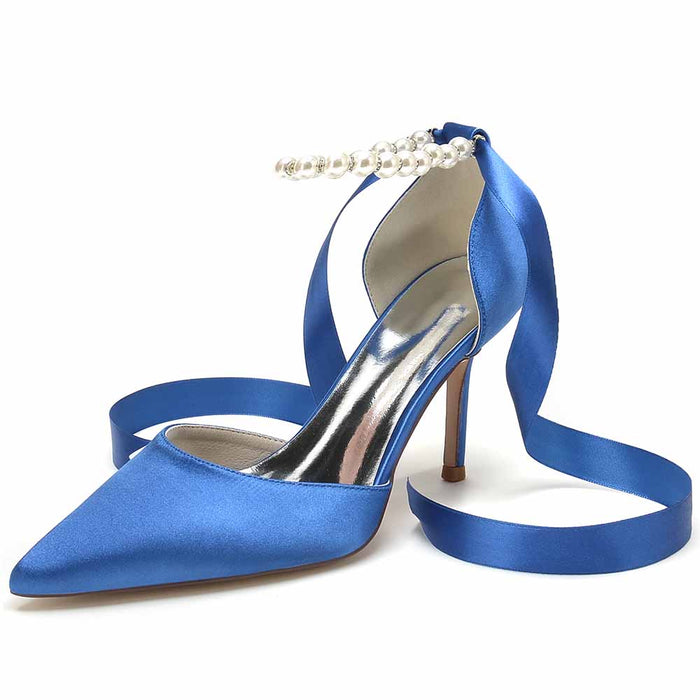 S&DCo. Elegant Blue Heels with Satin Finish and Pearl Detail, Perfect Shoes for the Wedding