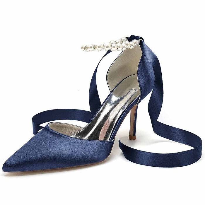Elegant navy S&DCo. heels with satin finish, perfect shoes for the wedding featuring a ribbon and pearl detail
