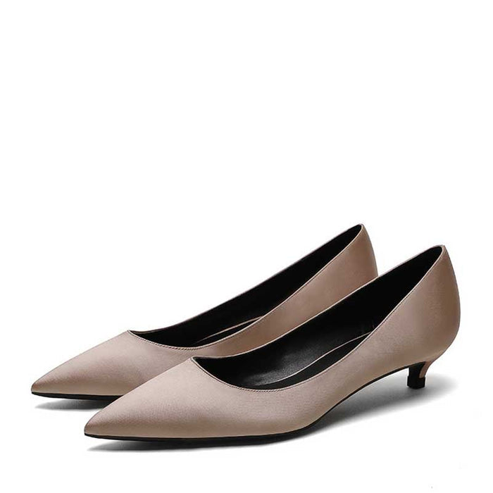 Elegant beige formal low heel satin pumps with a pointed toe design for sophisticated occasions