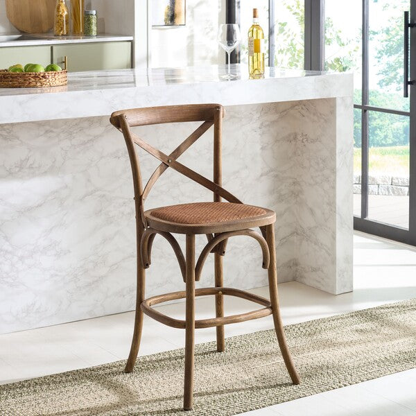 Franklin Oak Counter Stool in Weathered Grey with Rattan Seat
