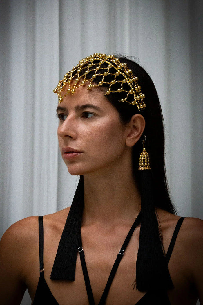 handcrafted modular beaded headband by object and dawn with 22k gold wash