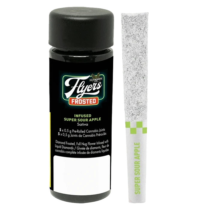 Frosted Flyers Super Sour Apple Infused Pre Rolled shows a close-up of a sealed package, with bright green lettering on a black background.