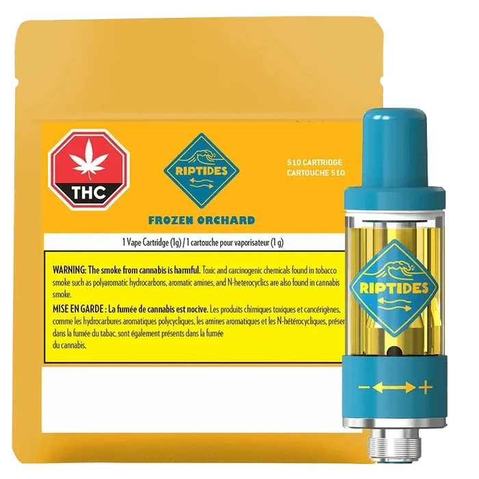Close-up of the Frozen Orchard Vape Cartridge, showing a white label with the brand logo against a black background.