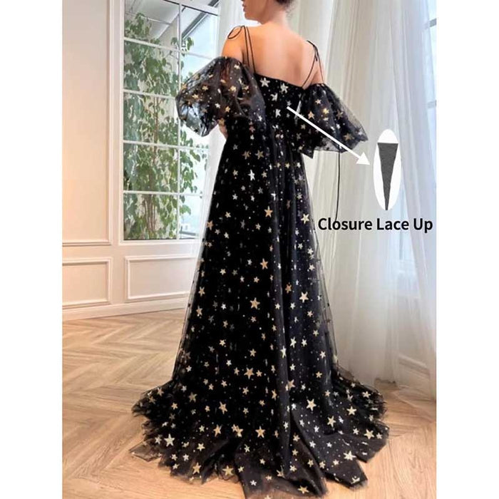 Garden Prom Dress Tulle Glitter Starry Slit Long Spaghetti Straps Birthday Party Ball Gowns
