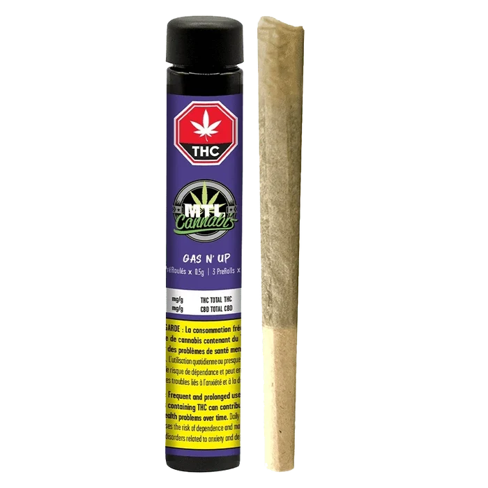 Gas N' Up Pre Rolled 3 x 0.5 g packaging shown in a close-up, angled shot with bold branding and French health warnings visible.