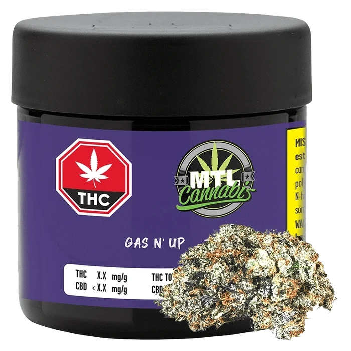 Close-up of the Gas N' Up package, featuring bold text over a dark background with cannabis leaf imagery.
