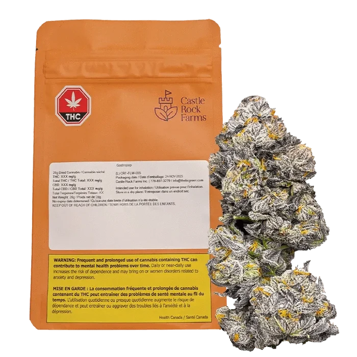 Front view of the Castle Rock Farms GastroPop package with THC content details and warning text in a vibrant, colorful design.