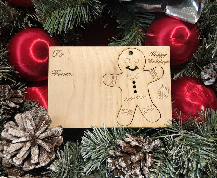 Gingerbread man holiday card — card with pop-out wood gingerbread ornament, made in USA