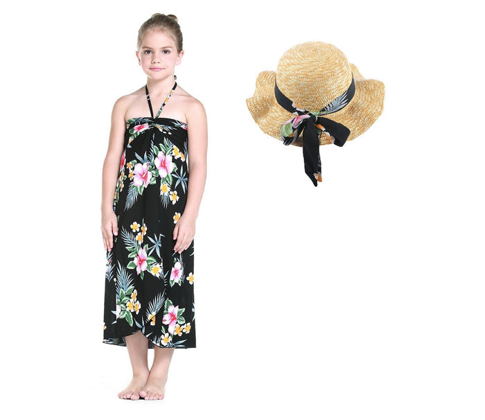 Girl's Butterfly Dress with Matching Straw Hat in Hibiscus Black