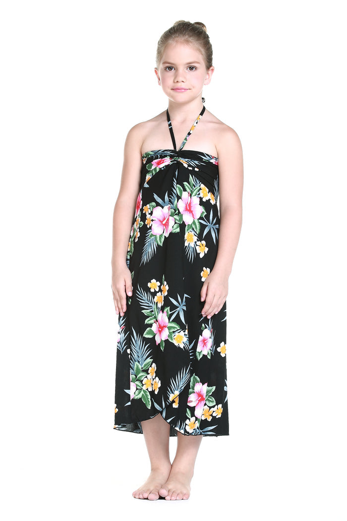 Girl's Butterfly Dress with Matching Straw Hat in Hibiscus Black