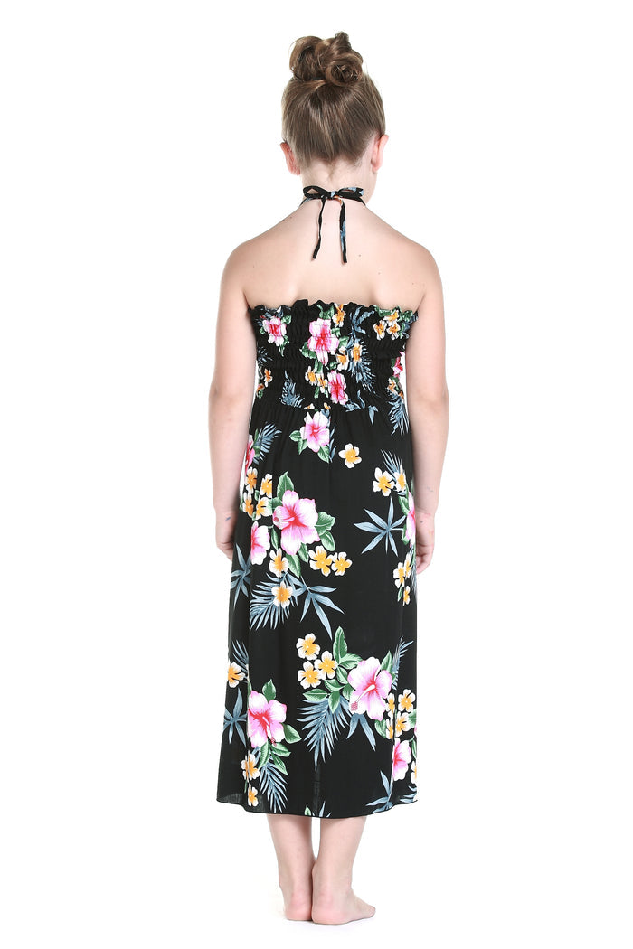 Girl's Butterfly Dress with Matching Straw Hat in Hibiscus Black