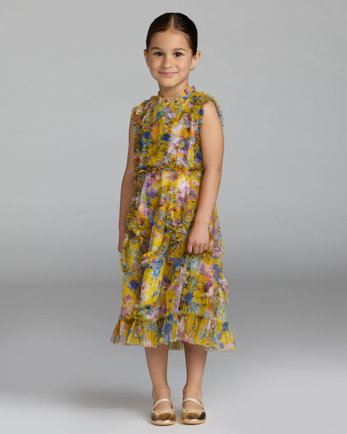 Girls Yellow Floral High Neck Ruffle Dress Mac Duggal