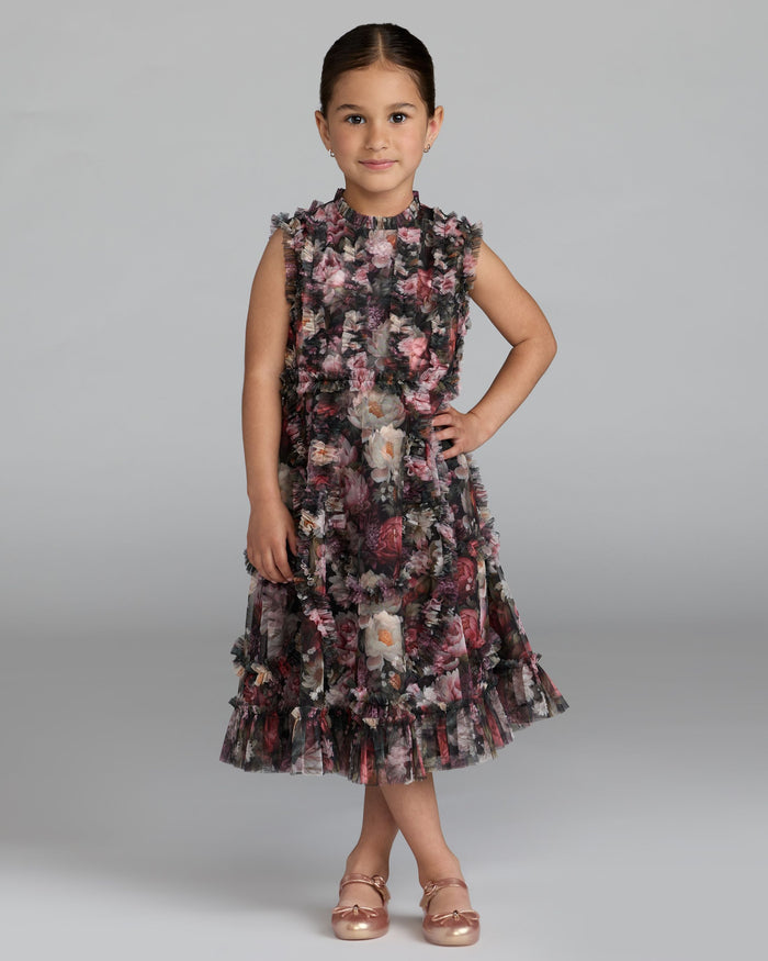 Girls Black Floral High Neck Ruffle Dress Mac Duggal