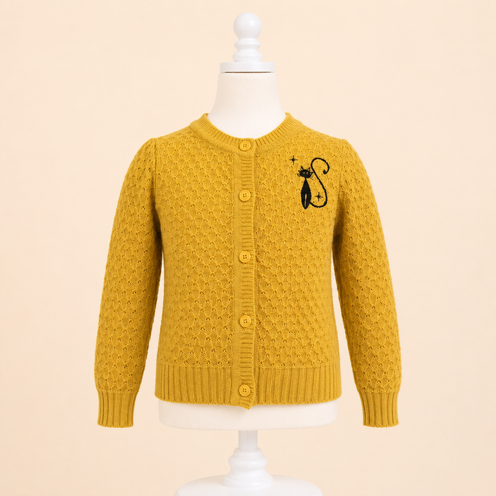 Girls Mustard Black Cat Cardigan Sweater