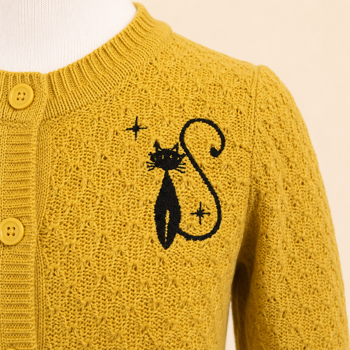 Girls Mustard Black Cat Cardigan Sweater