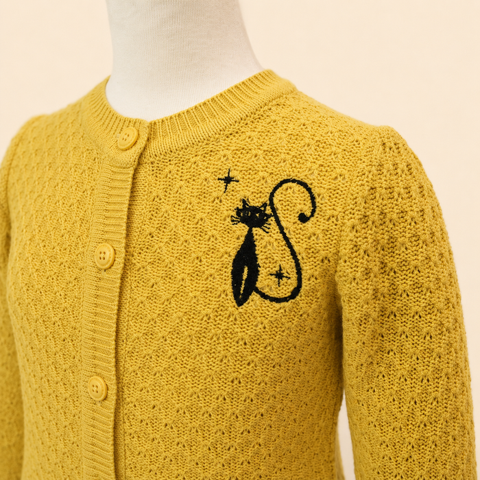 Girls Mustard Black Cat Cardigan Sweater