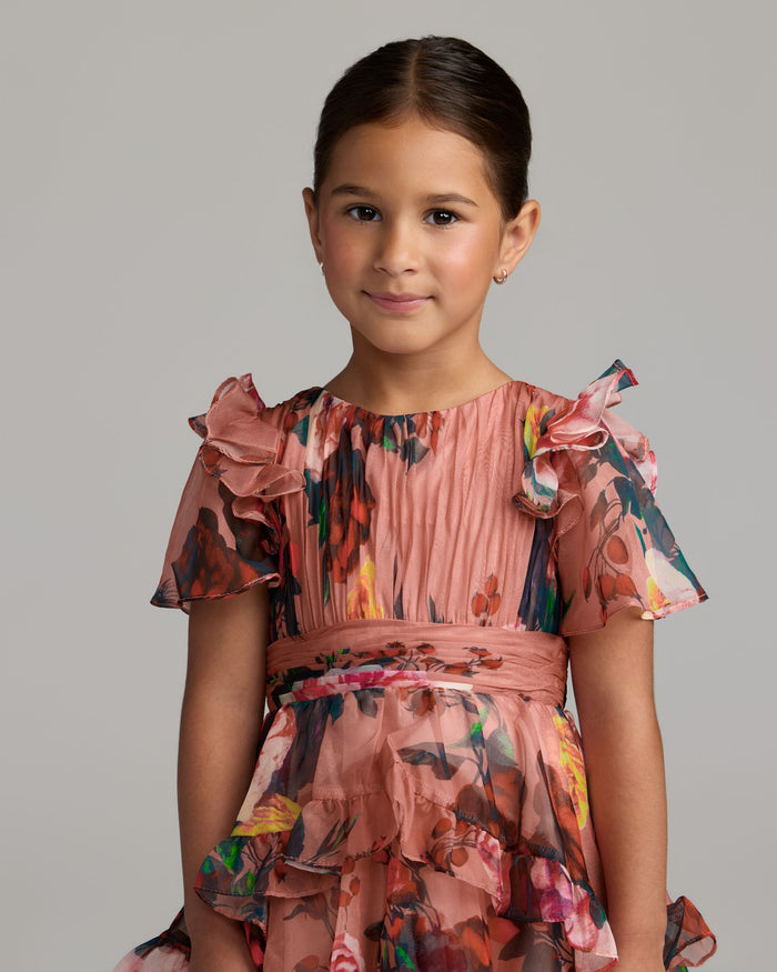 Girls Pink Floral Chiffon Tiered Ruffle Dress Mac Duggal