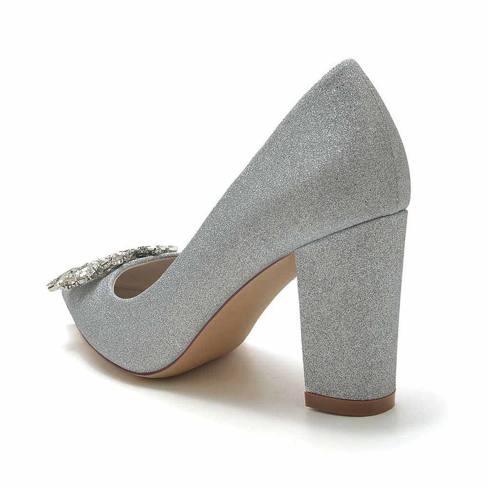 Elegant silver glitter bridal shoes with beaded buckle and a chunky heel for stylish wedding attire