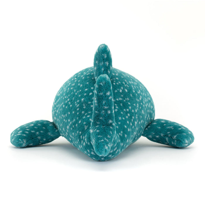 Rear view of Jellycat Gobfrey Whale Shark showing the rounded teal spotted back, dorsal fin, and two small pectoral fins at the sides, on a white background