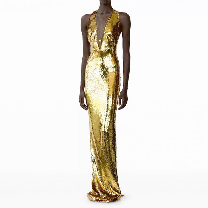 Gold Halter Deep V-Neck Sequin Maxi Dress – Sleeveless Glam Evening Gown for Parties & Formal Events