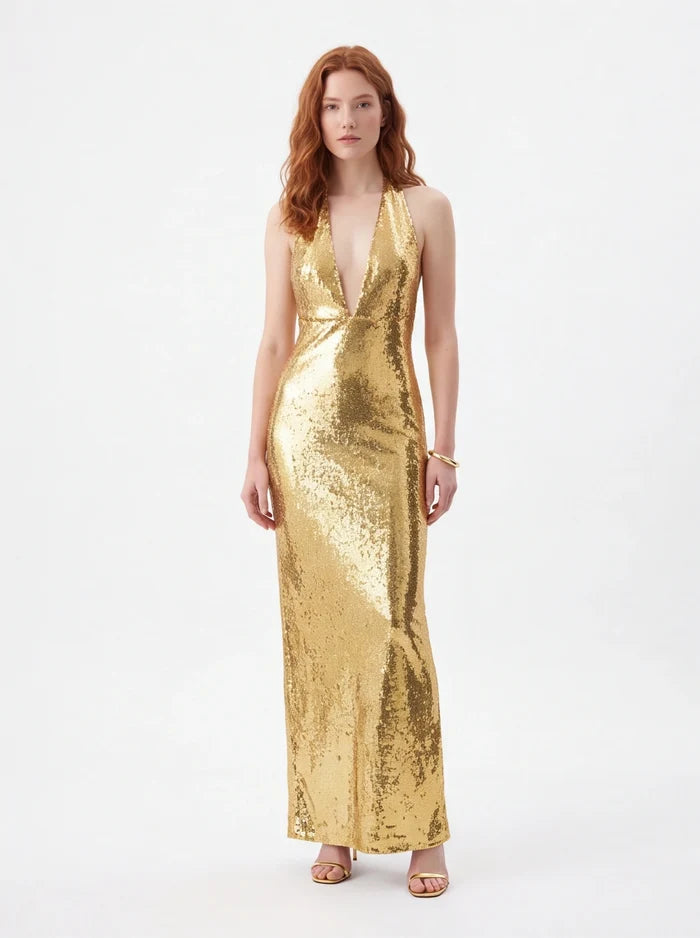 Gold halter deep V-neck sequin maxi dress for formal events