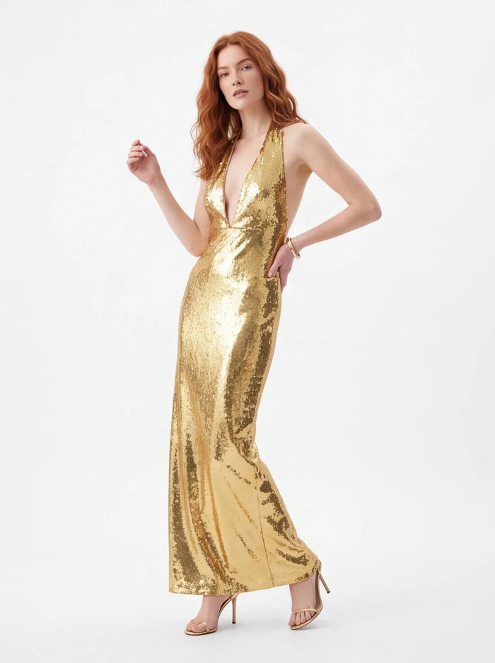 Gold Halter Deep V-Neck Sequin Maxi Dress – Sleeveless Glam Evening Gown for Parties & Formal Events