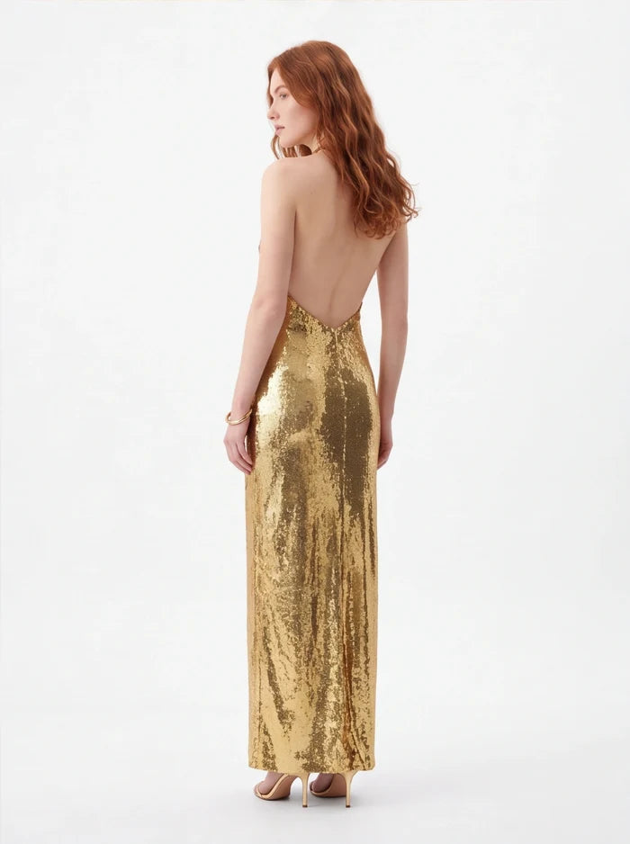 Gold Halter Deep V-Neck Sequin Maxi Dress – Sleeveless Glam Evening Gown for Parties & Formal Events