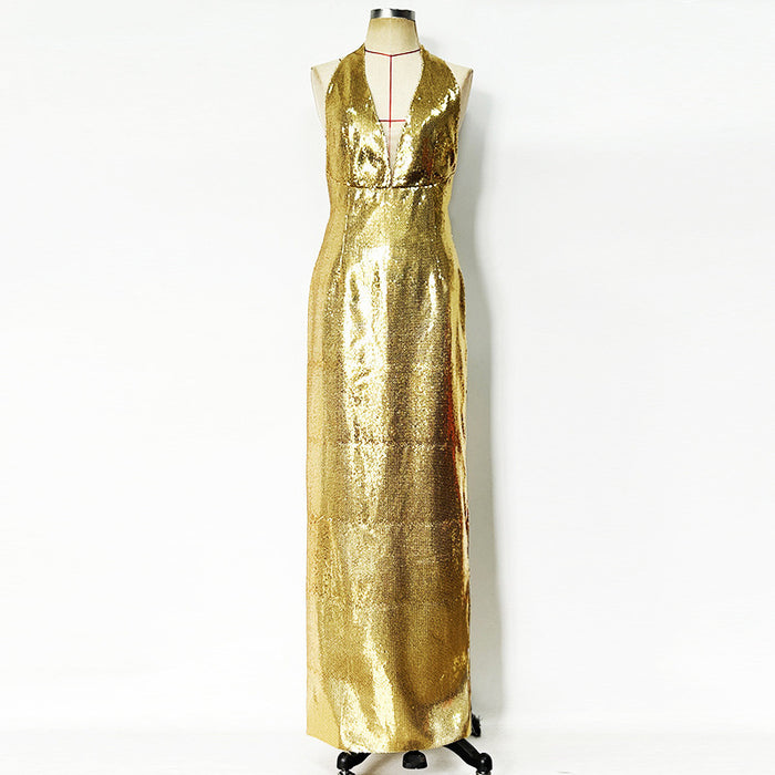 Gold Halter Deep V-Neck Sequin Maxi Dress – Sleeveless Glam Evening Gown for Parties & Formal Events