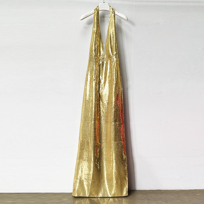 Gold Halter Deep V-Neck Sequin Maxi Dress – Sleeveless Glam Evening Gown for Parties & Formal Events
