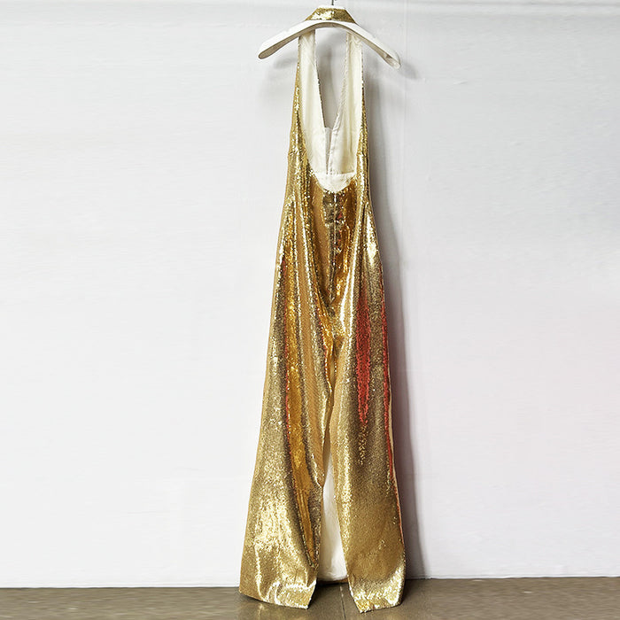 Gold Halter Deep V-Neck Sequin Maxi Dress – Sleeveless Glam Evening Gown for Parties & Formal Events