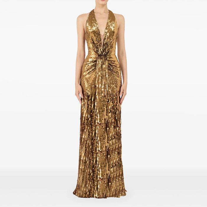 Gold Halter Sequin Maxi Dress – V-Neck Sleeveless Evening Gown for Parties & Formal Events