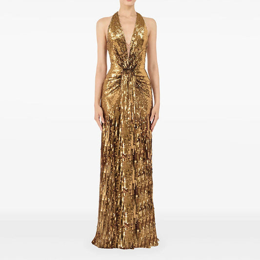 Gold Halter Sequin Maxi Dress – V-Neck Sleeveless Evening Gown for Parties & Formal Events