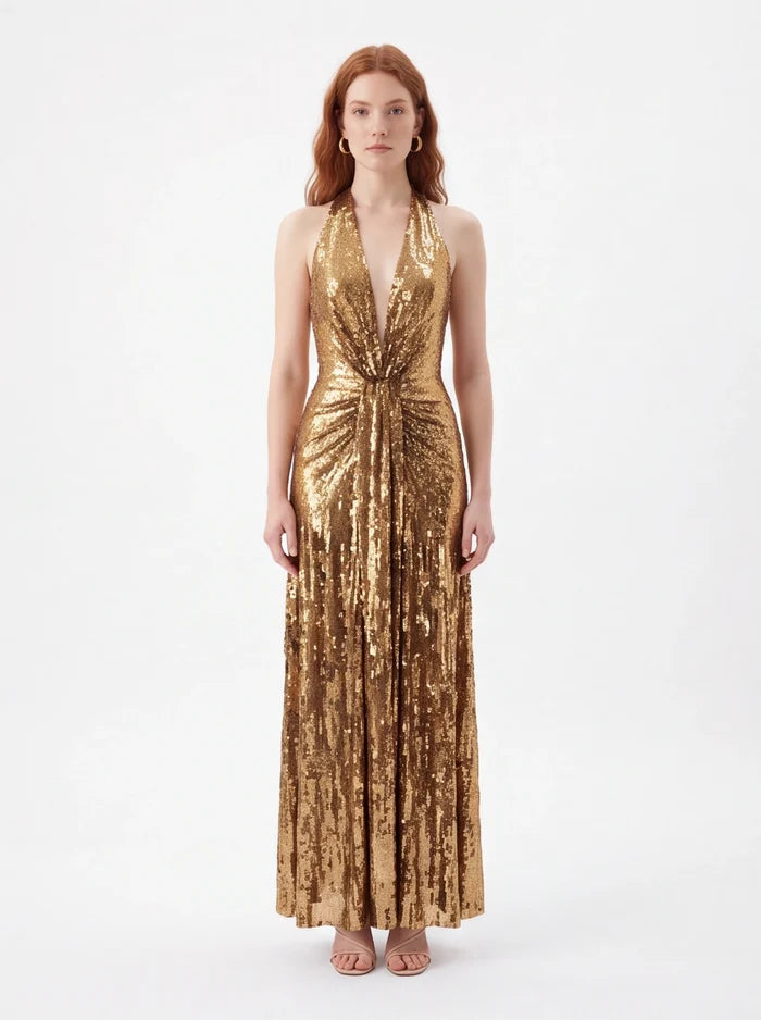 Gold halter v-neck sequin maxi dress for formal events