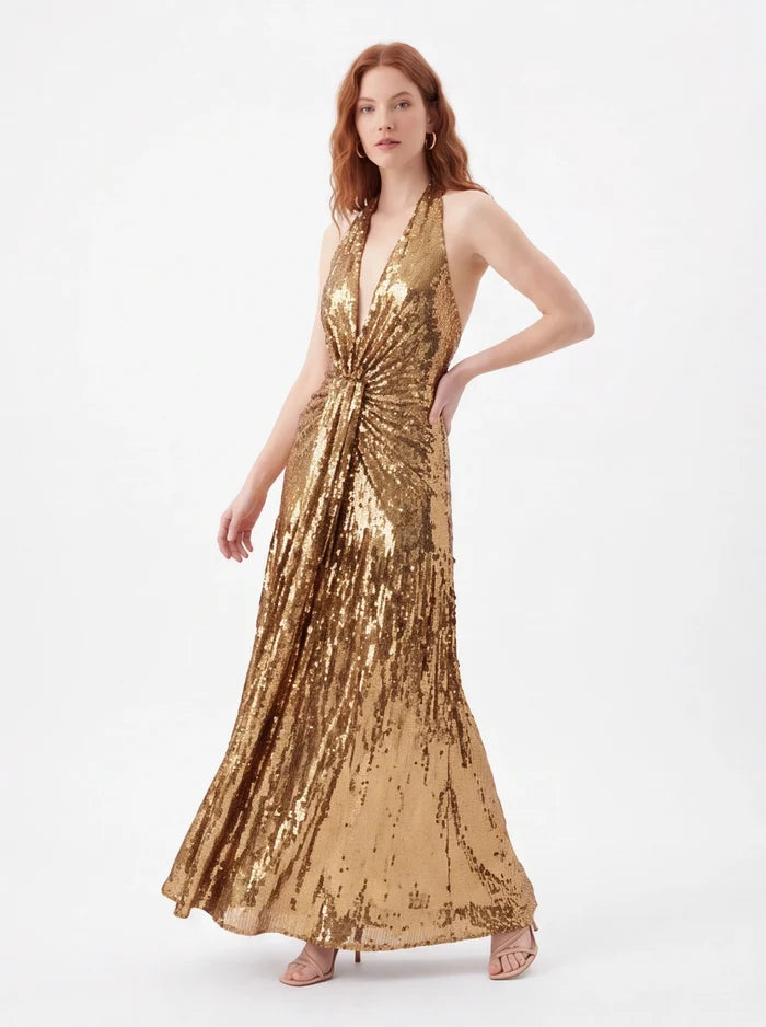 Gold Halter Sequin Maxi Dress – V-Neck Sleeveless Evening Gown for Parties & Formal Events