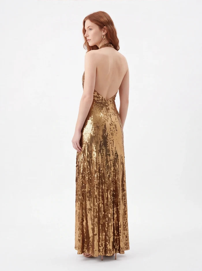 Gold Halter Sequin Maxi Dress – V-Neck Sleeveless Evening Gown for Parties & Formal Events