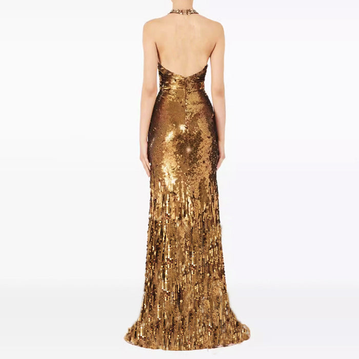 Gold Halter Sequin Maxi Dress – V-Neck Sleeveless Evening Gown for Parties & Formal Events
