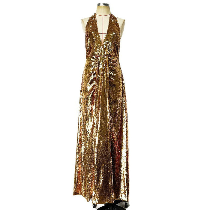 Gold Halter Sequin Maxi Dress – V-Neck Sleeveless Evening Gown for Parties & Formal Events