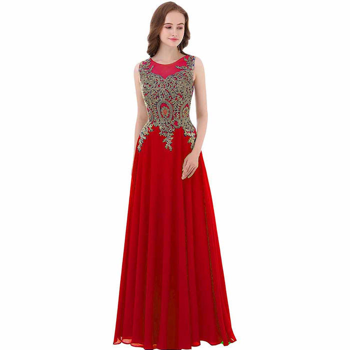 Gold Lace A Line Long Chiffon Women Formal Corset Prom Evening Dresses