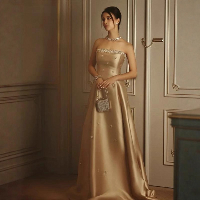 Gold Satin Mermaid Evening Gown with Beaded Halter Neck & Train