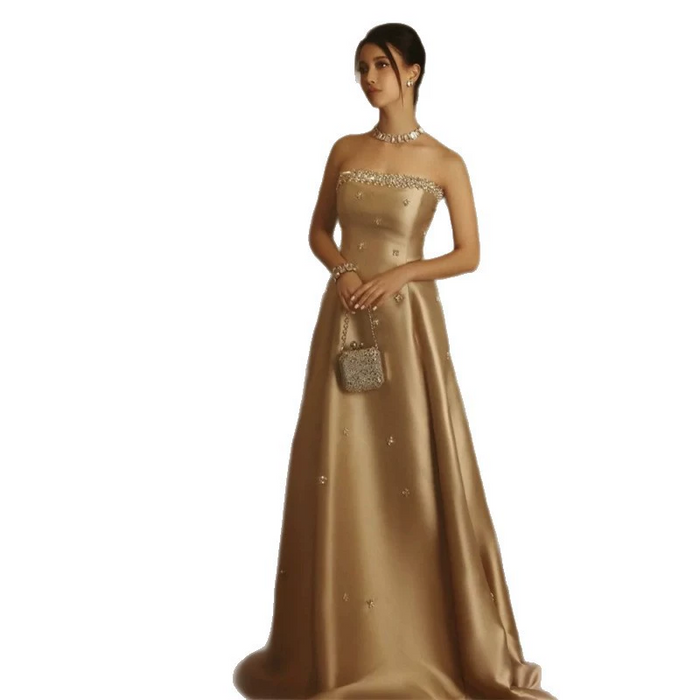 Gold Satin Mermaid Evening Gown with Beaded Halter Neck & Train