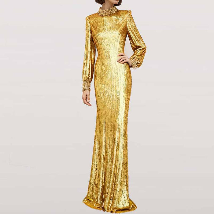 Gold Sequin Embellished High-Neck Gown With Sleeves