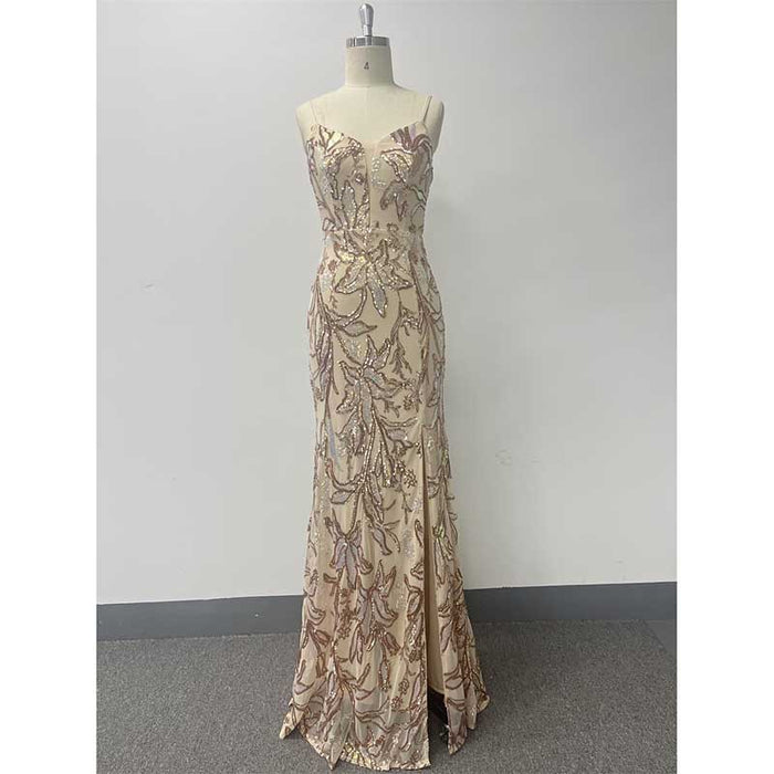 Gold Sequin Long Prom Dress A Line High Split Evening Dress