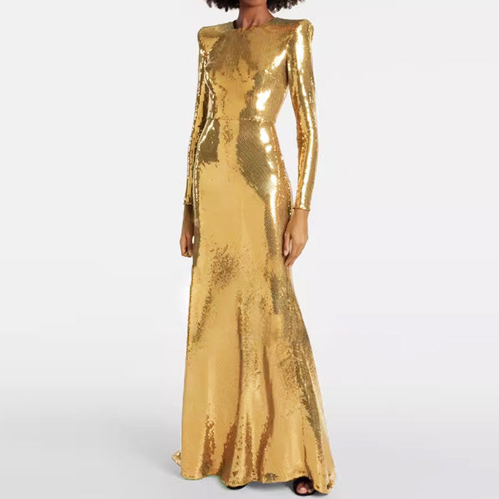 Gold Sequin Maxi Dress – Long Sleeve Elegant Evening Gown for Parties & Formal Events