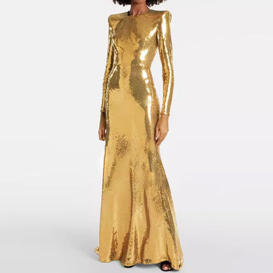 Gold Sequin Maxi Dress – Long Sleeve Elegant Evening Gown for Parties & Formal Events