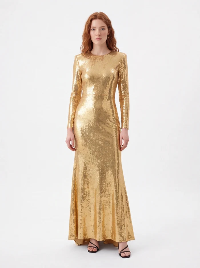 Gold sequin long sleeve maxi dress for formal events