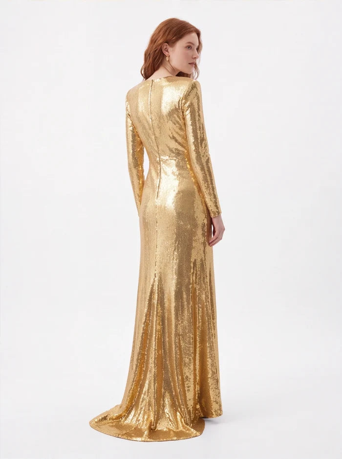 Gold Sequin Maxi Dress – Long Sleeve Elegant Evening Gown for Parties & Formal Events