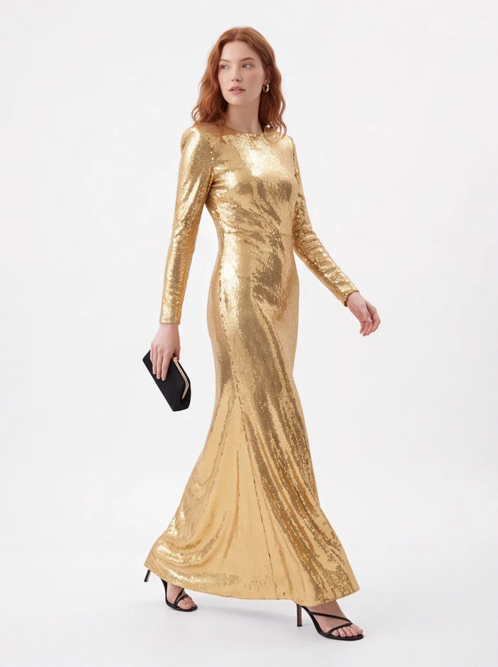 Gold Sequin Maxi Dress – Long Sleeve Elegant Evening Gown for Parties & Formal Events