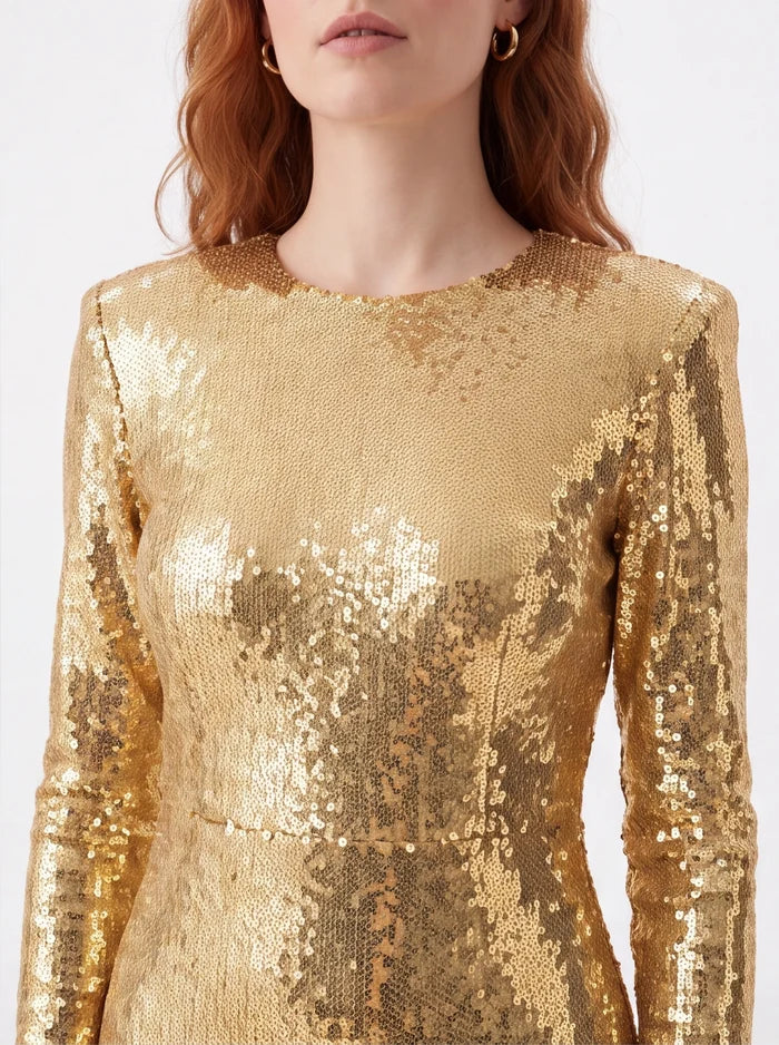 Gold Sequin Maxi Dress – Long Sleeve Elegant Evening Gown for Parties & Formal Events