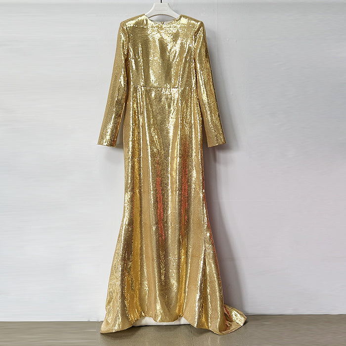 Gold Sequin Maxi Dress – Long Sleeve Elegant Evening Gown for Parties & Formal Events